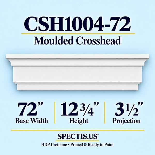 CSH1004-72 Moulded Window & Door Crosshead in primed HDP urethane, 72 inch base width × 12 3/4 inch height × 3 1/2 inch projection
