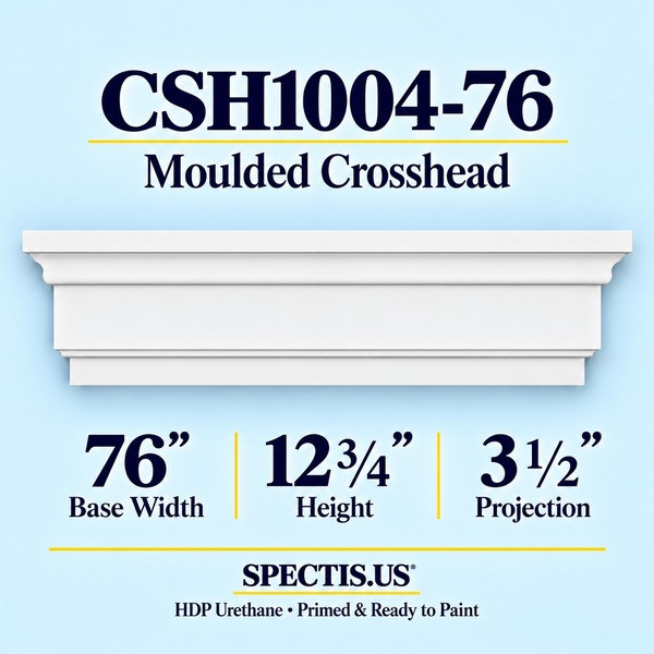 CSH1004-76 Moulded Window & Door Crosshead in primed HDP urethane, 76 inch base width × 12 3/4 inch height × 3 1/2 inch projection