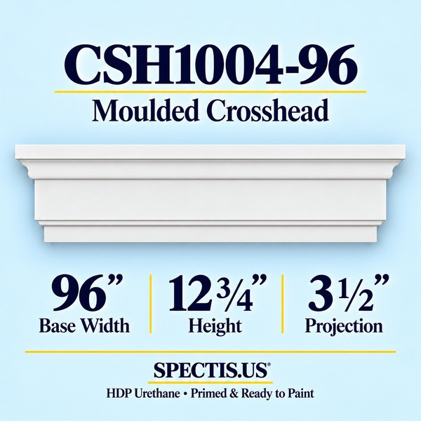 CSH1004-96 Moulded Window & Door Crosshead in primed HDP urethane, 96 inch base width × 12 3/4 inch height × 3 1/2 inch projection