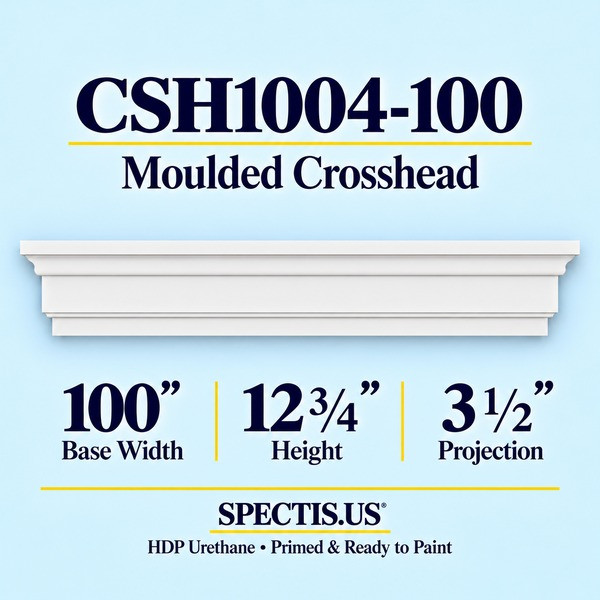 CSH1004-100 Moulded Window & Door Crosshead in primed HDP urethane, 100 inch base width × 12 3/4 inch height × 3 1/2 inch projection