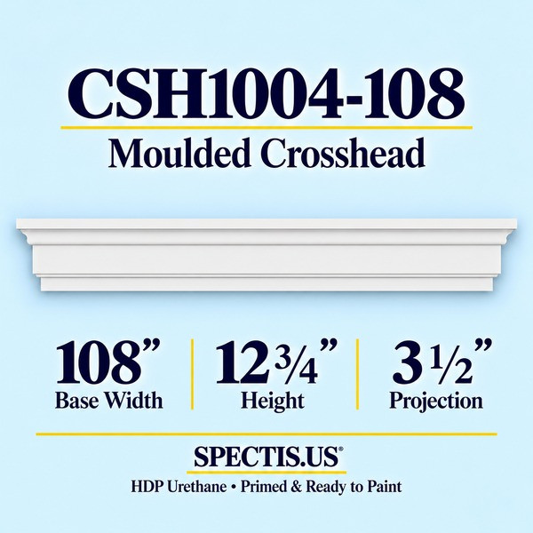 CSH1004-108 Moulded Window & Door Crosshead in primed HDP urethane, 108 inch base width × 12 3/4 inch height × 3 1/2 inch projection
