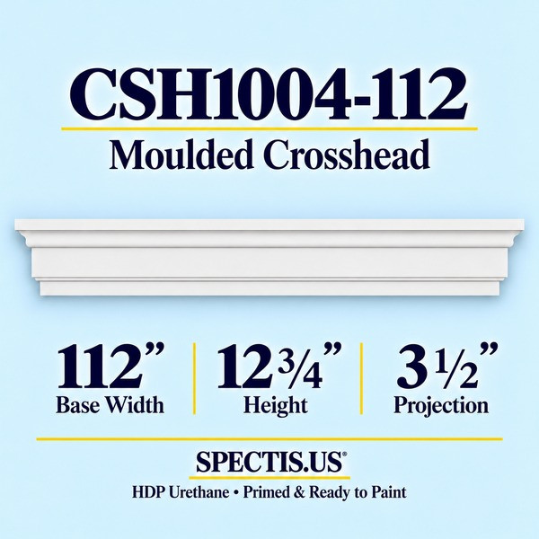 CSH1004-112 Moulded Window & Door Crosshead in primed HDP urethane, 112 inch base width × 12 3/4 inch height × 3 1/2 inch projection