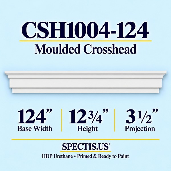 CSH1004-124 Moulded Window & Door Crosshead in primed HDP urethane, 124 inch base width × 12 3/4 inch height × 3 1/2 inch projection