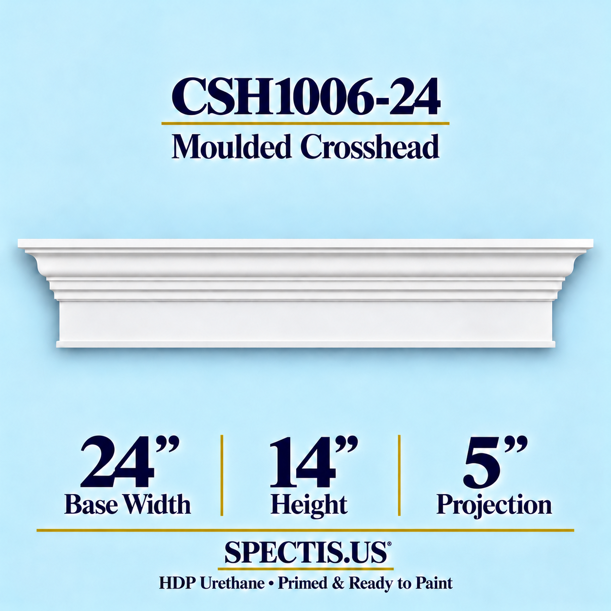 CSH1006-24 Moulded Window & Door Crosshead in primed HDP urethane, 24 inch base width × 14 inch height × 5 inch projection