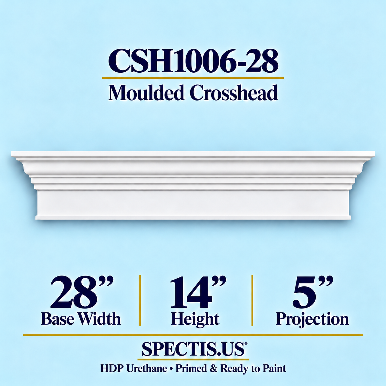 CSH1006-28 Moulded Window & Door Crosshead in primed HDP urethane, 28 inch base width × 14 inch height × 5 inch projection