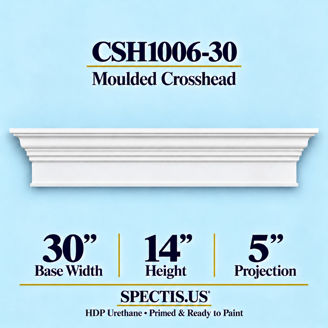 CSH1006-30 Moulded Window & Door Crosshead in primed HDP urethane, 30 inch base width × 14 inch height × 5 inch projection