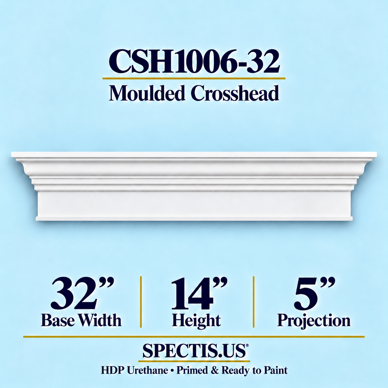 CSH1006-32 Moulded Window & Door Crosshead in primed HDP urethane, 32 inch base width × 14 inch height × 5 inch projection