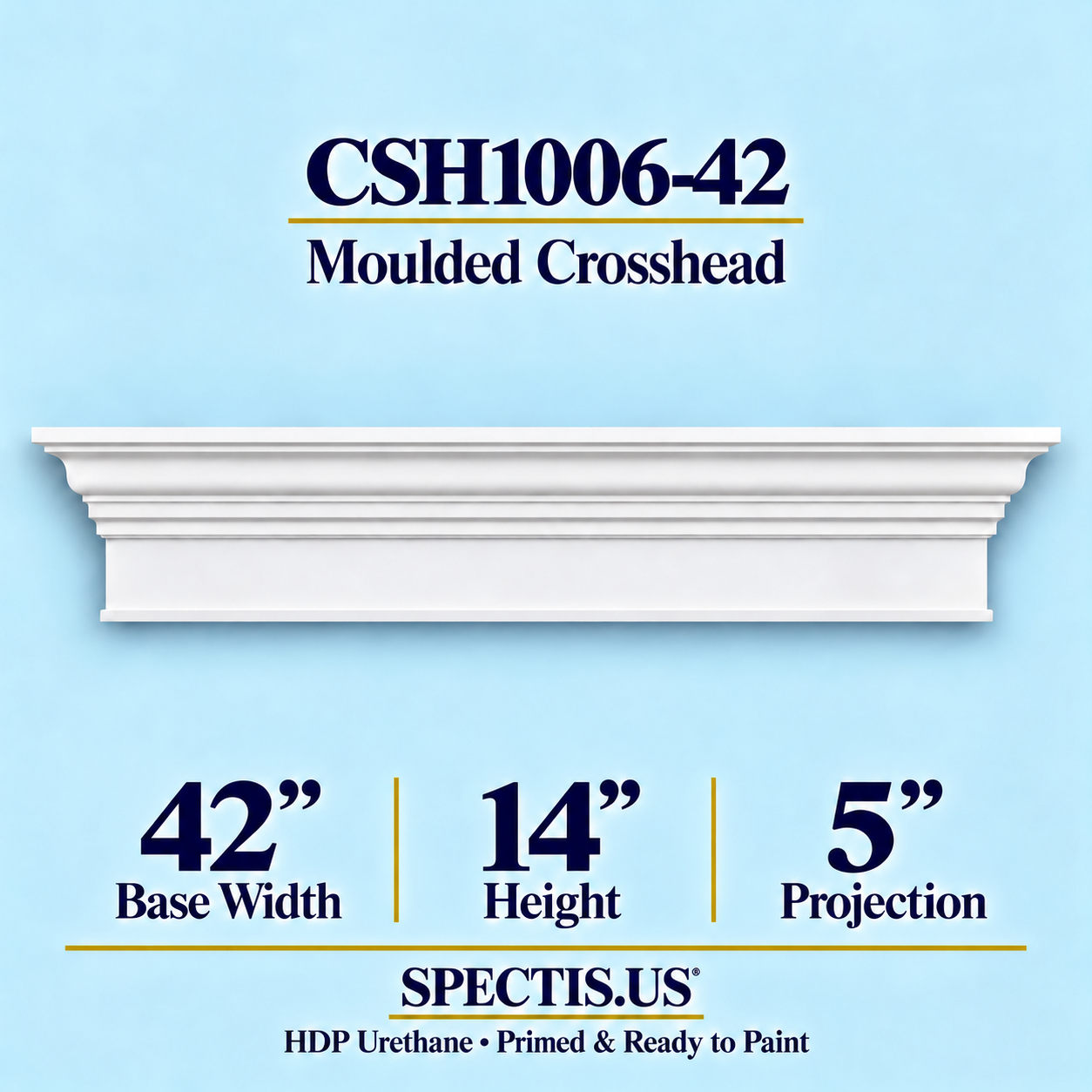 CSH1006-42 Moulded Window & Door Crosshead in primed HDP urethane, 42 inch base width × 14 inch height × 5 inch projection
