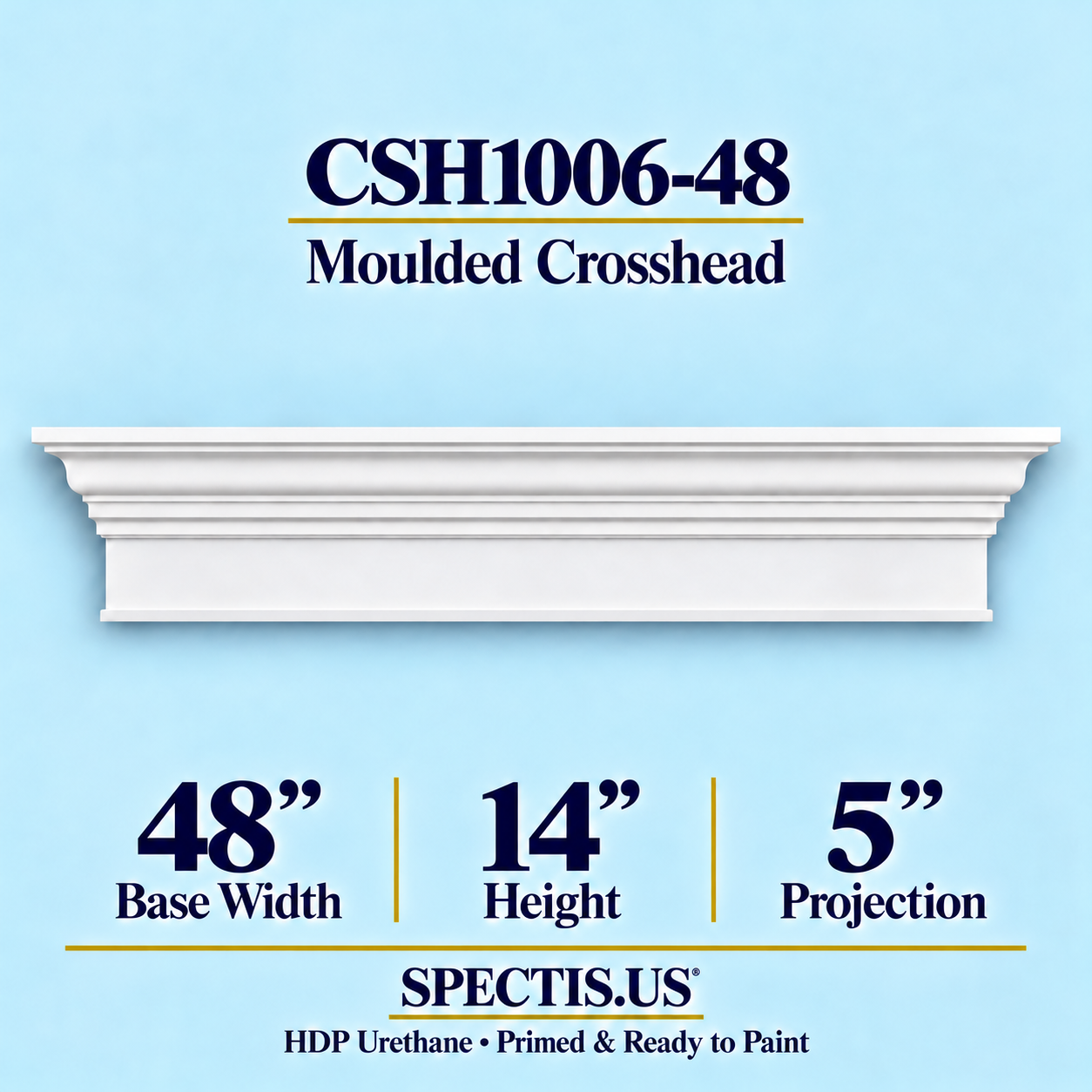 CSH1006-48 Moulded Window & Door Crosshead in primed HDP urethane, 48 inch base width × 14 inch height × 5 inch projection