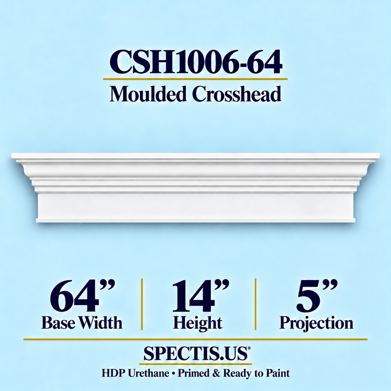 CSH1006-64 Moulded Window & Door Crosshead in primed HDP urethane, 64 inch base width × 14 inch height × 5 inch projection