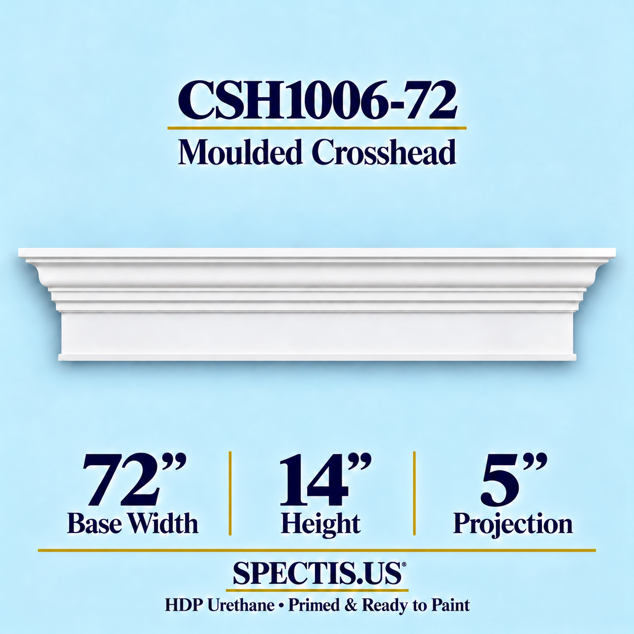 CSH1006-72 Moulded Window & Door Crosshead in primed HDP urethane, 72 inch base width × 14 inch height × 5 inch projection