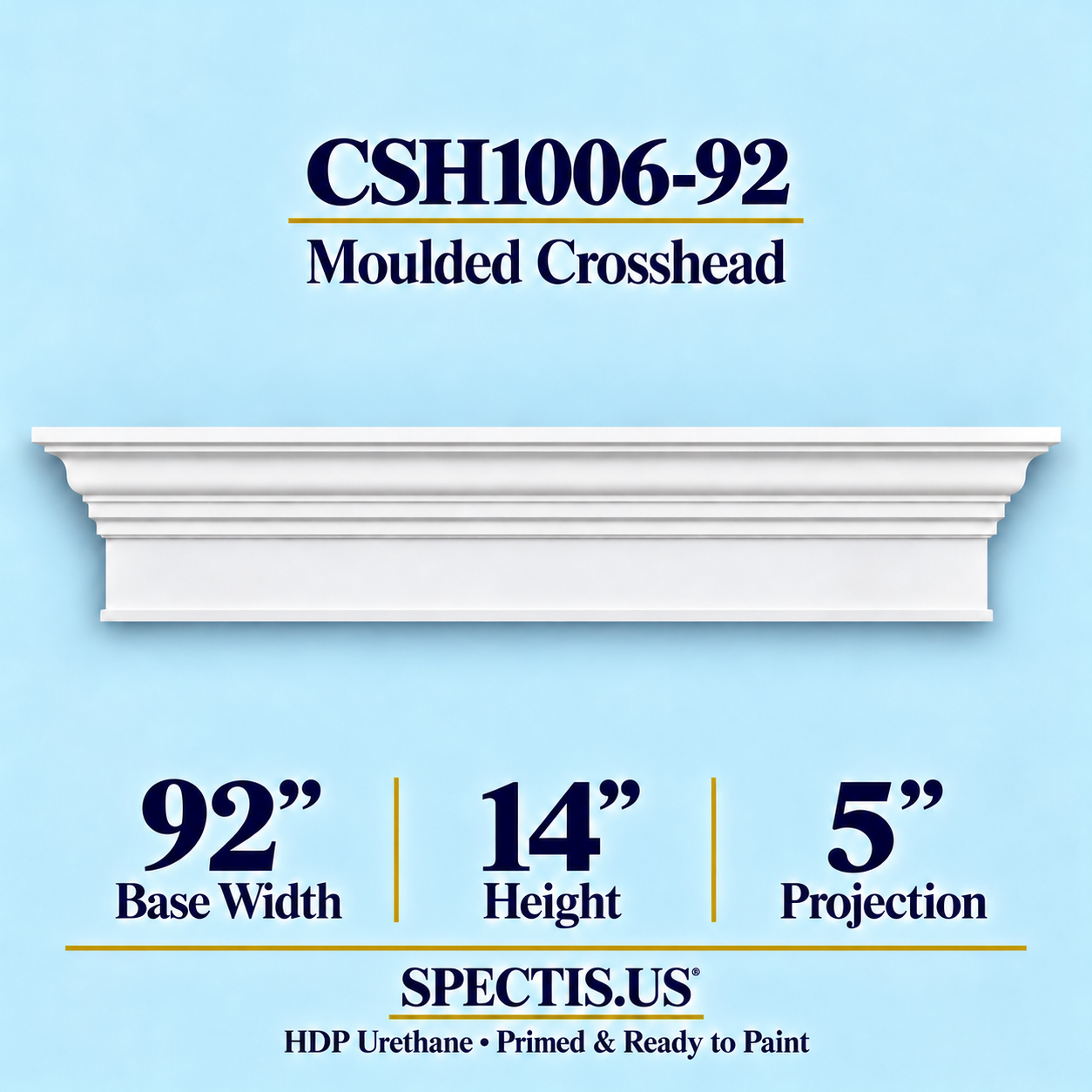 CSH1006-92 Moulded Window & Door Crosshead in primed HDP urethane, 92 inch base width × 14 inch height × 5 inch projection