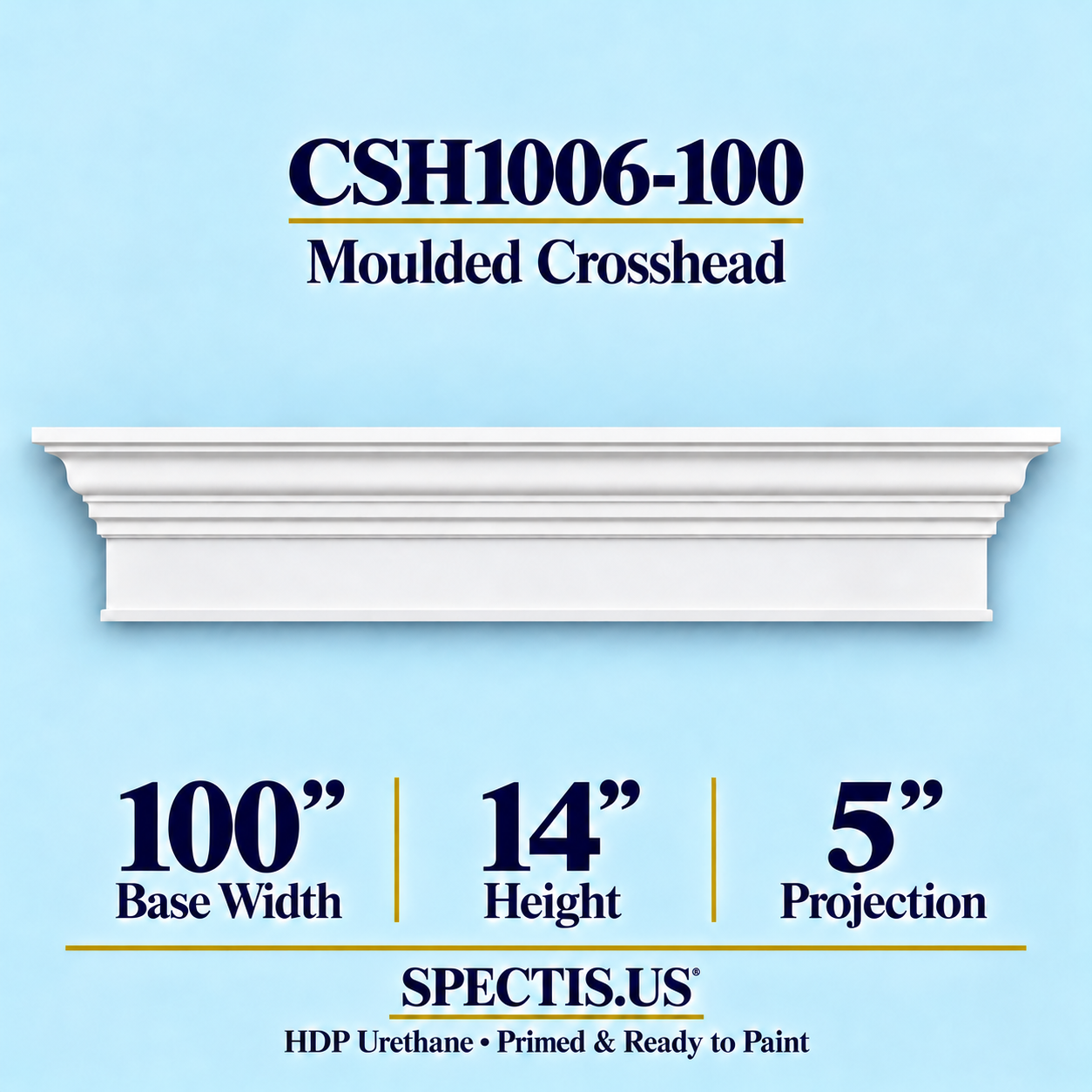 CSH1006-100 Moulded Window & Door Crosshead in primed HDP urethane, 100 inch base width × 14 inch height × 5 inch projection