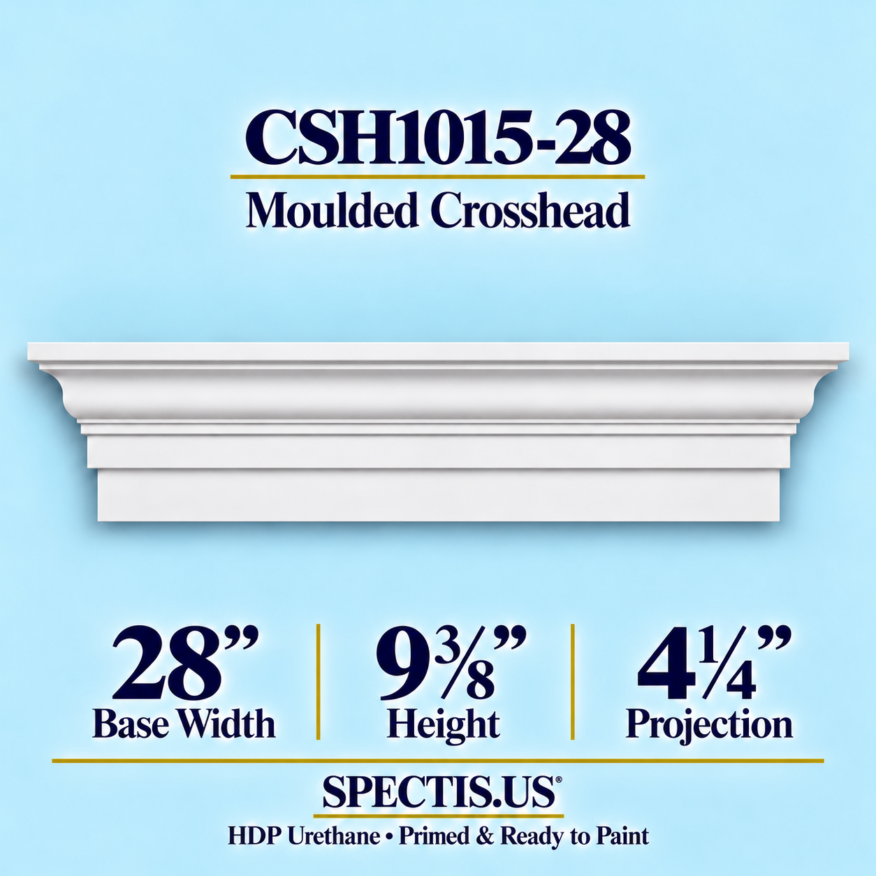CSH1015-28 Moulded Window & Door Crosshead in primed HDP urethane, 28 inch base width × 9⅜ inch height × 4¼ inch projection