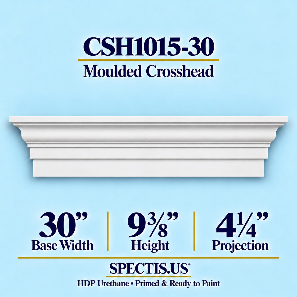 CSH1015-30 Moulded Window & Door Crosshead in primed HDP urethane, 30 inch base width × 9⅜ inch height × 4¼ inch projection