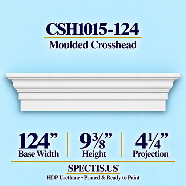CSH1015-124 Moulded Window & Door Crosshead in primed HDP urethane, 124 inch base width × 9⅜ inch height × 4¼ inch projection