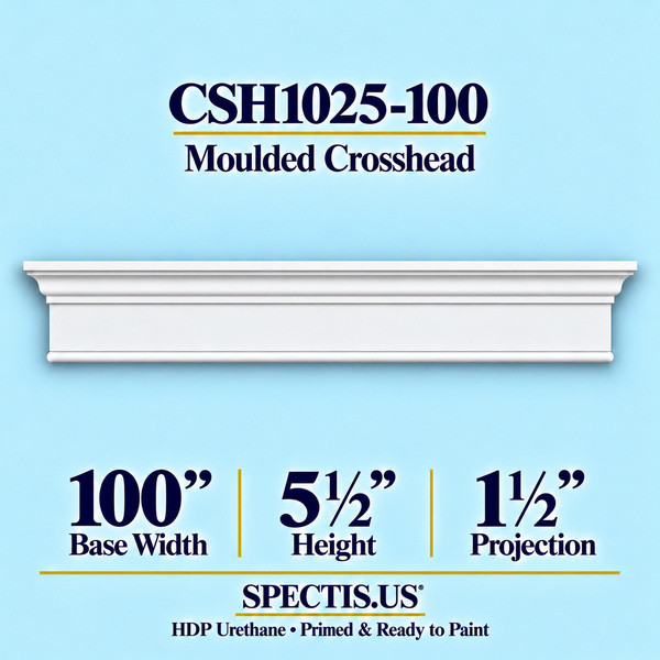 CSH1025-100 Moulded Window & Door Crosshead in primed HDP urethane, 100 inch base width × 5½ inch height × 1½ inch projection