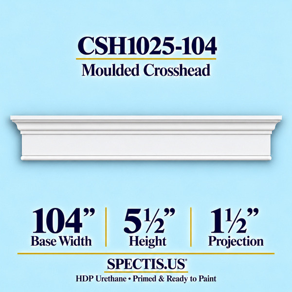 CSH1025-104 Moulded Window & Door Crosshead in primed HDP urethane, 104 inch base width × 5½ inch height × 1½ inch projection