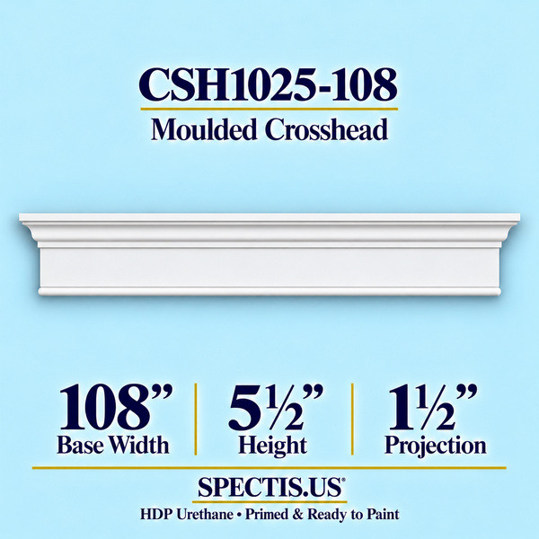 CSH1025-108 Moulded Window & Door Crosshead in primed HDP urethane, 108 inch base width × 5½ inch height × 1½ inch projection