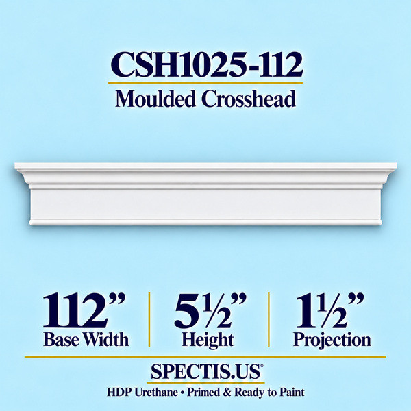 CSH1025-112 Moulded Window & Door Crosshead in primed HDP urethane, 112 inch base width × 5½ inch height × 1½ inch projection