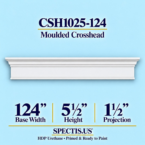 CSH1025-124 Moulded Window & Door Crosshead in primed HDP urethane, 124 inch base width × 5½ inch height × 1½ inch projection