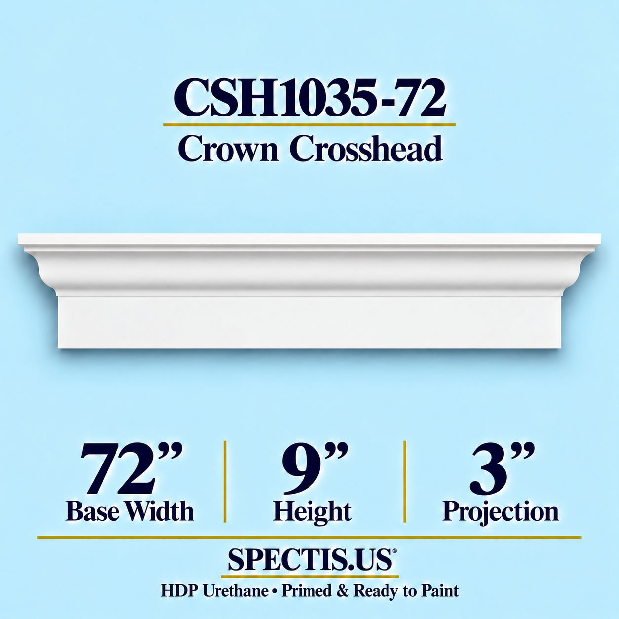 CSH1035-72 Crown Window & Door Crosshead in primed HDP urethane, 72 inch base width × 9 inch height × 3 inch projection