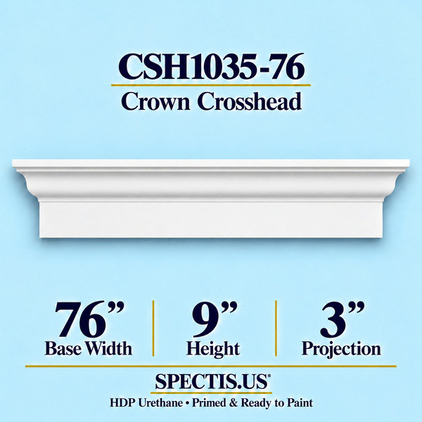 CSH1035-76 Crown Window & Door Crosshead in primed HDP urethane, 76 inch base width × 9 inch height × 3 inch projection