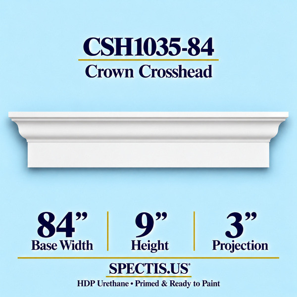 CSH1035-84 Crown Window & Door Crosshead in primed HDP urethane, 84 inch base width × 9 inch height × 3 inch projection