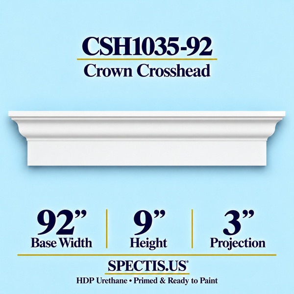 CSH1035-92 Crown Window & Door Crosshead in primed HDP urethane, 92 inch base width × 9 inch height × 3 inch projection