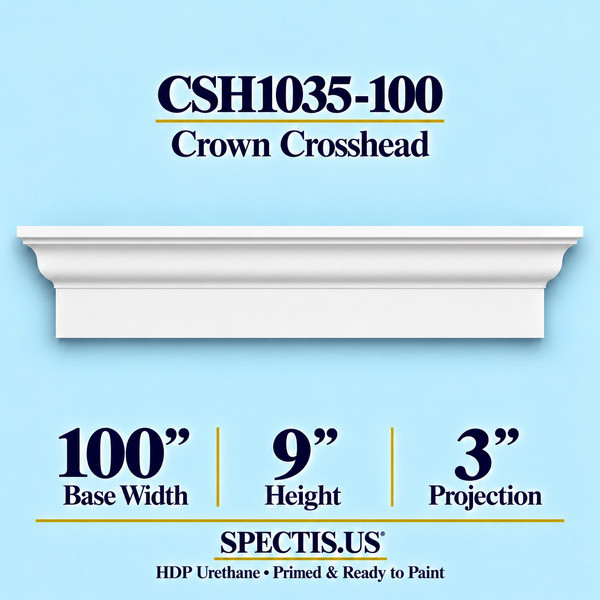 CSH1035-100 Crown Window & Door Crosshead in primed HDP urethane, 100 inch base width × 9 inch height × 3 inch projection