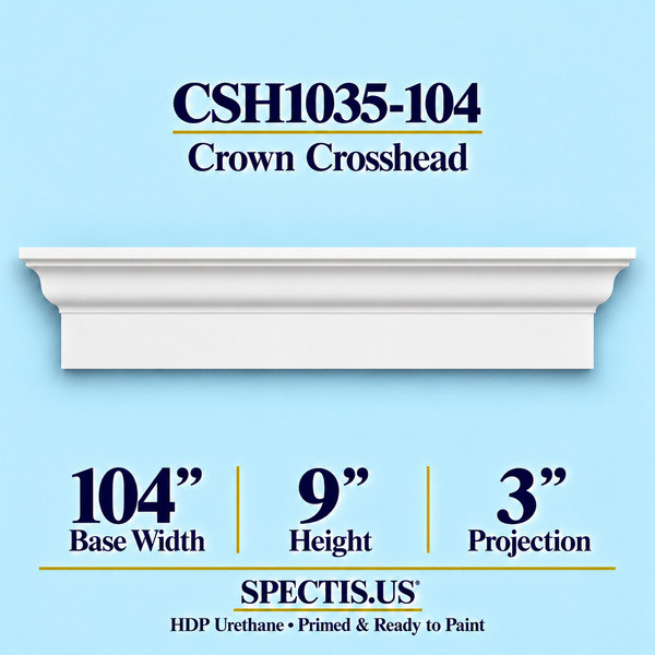 CSH1035-104 Crown Window & Door Crosshead in primed HDP urethane, 104 inch base width × 9 inch height × 3 inch projection