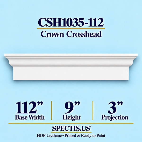CSH1035-112 Crown Window & Door Crosshead in primed HDP urethane, 112 inch base width × 9 inch height × 3 inch projection