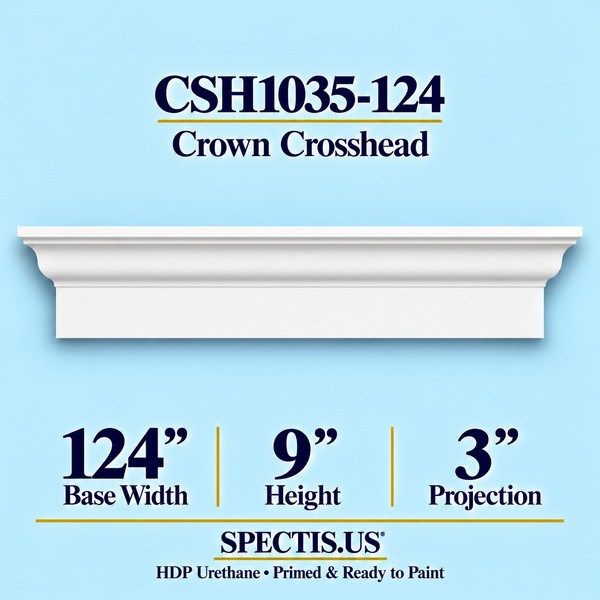 CSH1035-124 Crown Window & Door Crosshead in primed HDP urethane, 124 inch base width × 9 inch height × 3 inch projection
