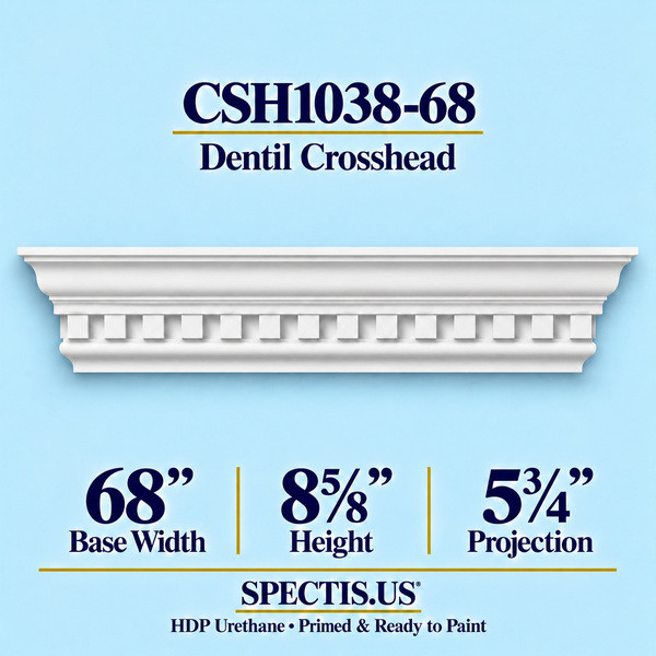 CSH1038-68 Dentil Window & Door Crosshead in primed HDP urethane, 68 inch base width × 8⅝ inch height × 5¾ inch projection