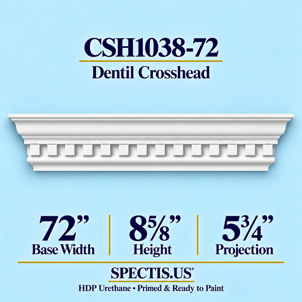 CSH1038-72 Dentil Window & Door Crosshead in primed HDP urethane, 72 inch base width × 8⅝ inch height × 5¾ inch projection