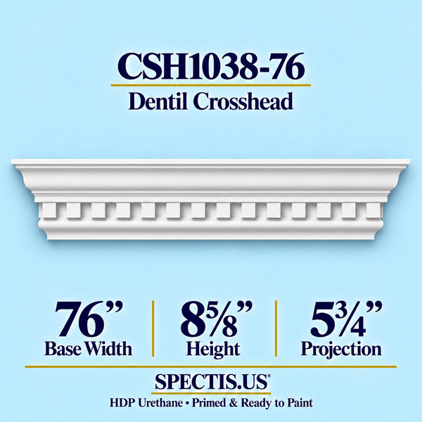 CSH1038-76 Dentil Window & Door Crosshead in primed HDP urethane, 76 inch base width × 8⅝ inch height × 5¾ inch projection