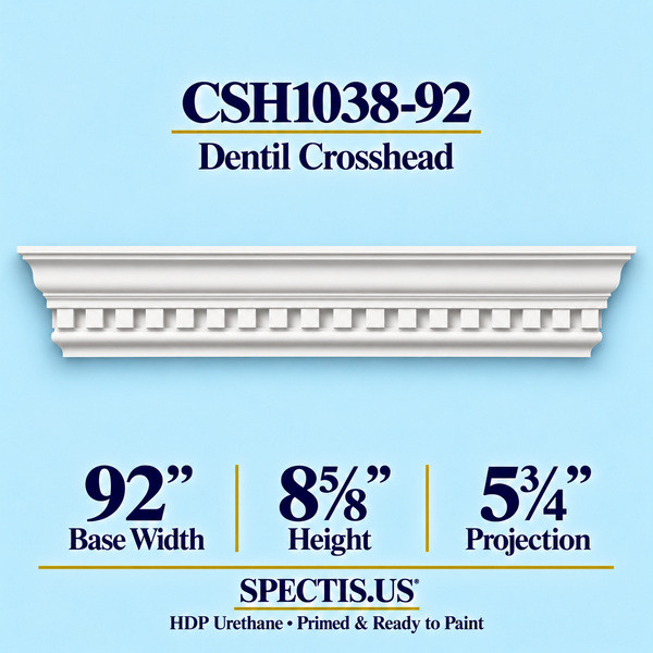 CSH1038-92 Dentil Window & Door Crosshead in primed HDP urethane, 92 inch base width × 8⅝ inch height × 5¾ inch projection