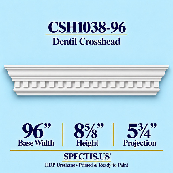 CSH1038-96 Dentil Window & Door Crosshead in primed HDP urethane, 96 inch base width × 8⅝ inch height × 5¾ inch projection