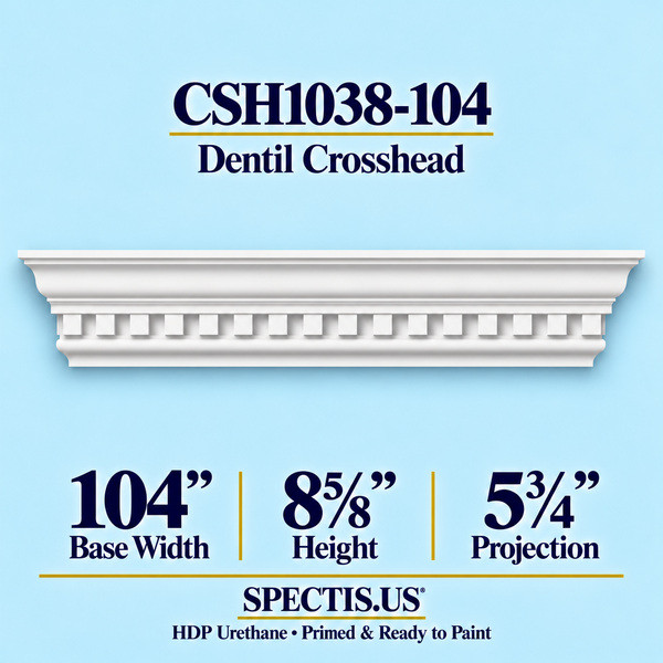 CSH1038-104 Dentil Window & Door Crosshead in primed HDP urethane, 104 inch base width × 8⅝ inch height × 5¾ inch projection