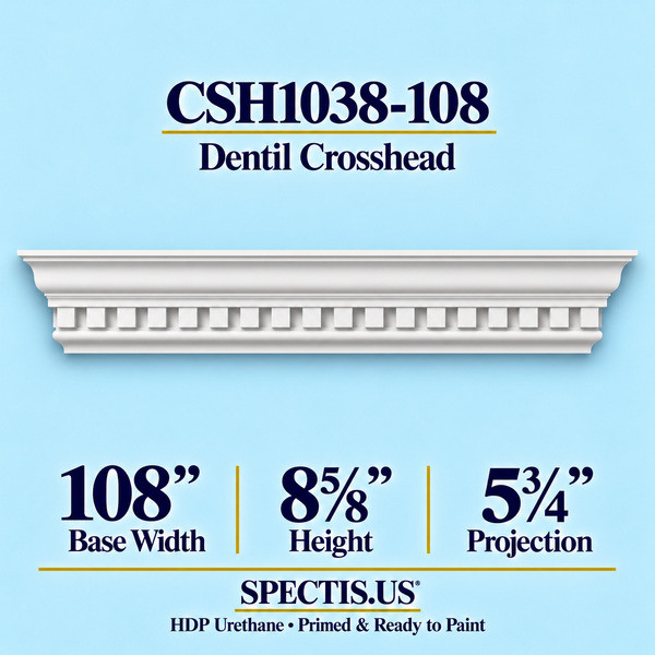 CSH1038-108 Dentil Window & Door Crosshead in primed HDP urethane, 108 inch base width × 8⅝ inch height × 5¾ inch projection