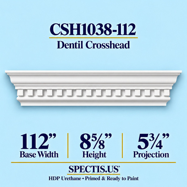 CSH1038-112 Dentil Window & Door Crosshead in primed HDP urethane, 112 inch base width × 8⅝ inch height × 5¾ inch projection