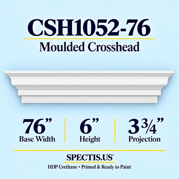CSH1052-76 Moulded Window & Door Crosshead in primed HDP urethane, 76 inch base width × 6 inch height × 3 3/4 inch projection
