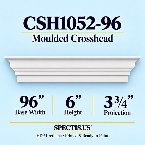 CSH1052-96 Moulded Window & Door Crosshead in primed HDP urethane, 96 inch base width × 6 inch height × 3 3/4 inch projection