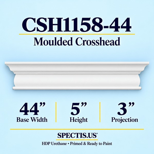 CSH1158-44 Moulded Window & Door Crosshead in primed HDP urethane, 44 inch base width × 5 inch height × 3 inch projection