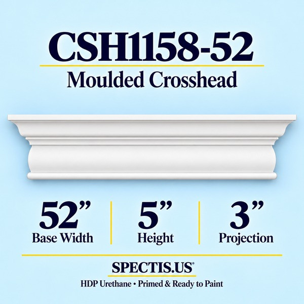 CSH1158-52 Moulded Window & Door Crosshead in primed HDP urethane, 52 inch base width × 5 inch height × 3 inch projection