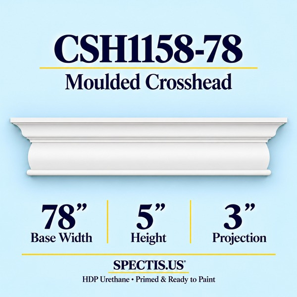 CSH1158-78 Moulded Window & Door Crosshead in primed HDP urethane, 78 inch base width × 5 inch height × 3 inch projection