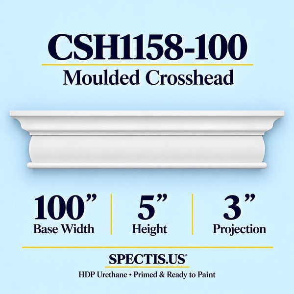 CSH1158-100 Moulded Window & Door Crosshead in primed HDP urethane, 100 inch base width × 5 inch height × 3 inch projection