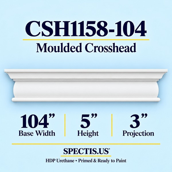 CSH1158-104 Moulded Window & Door Crosshead in primed HDP urethane, 104 inch base width × 5 inch height × 3 inch projection