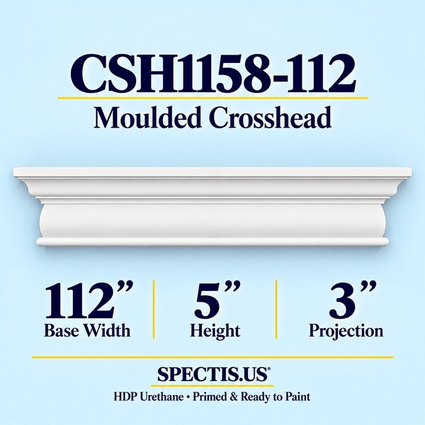 CSH1158-112 Moulded Window & Door Crosshead in primed HDP urethane, 112 inch base width × 5 inch height × 3 inch projection