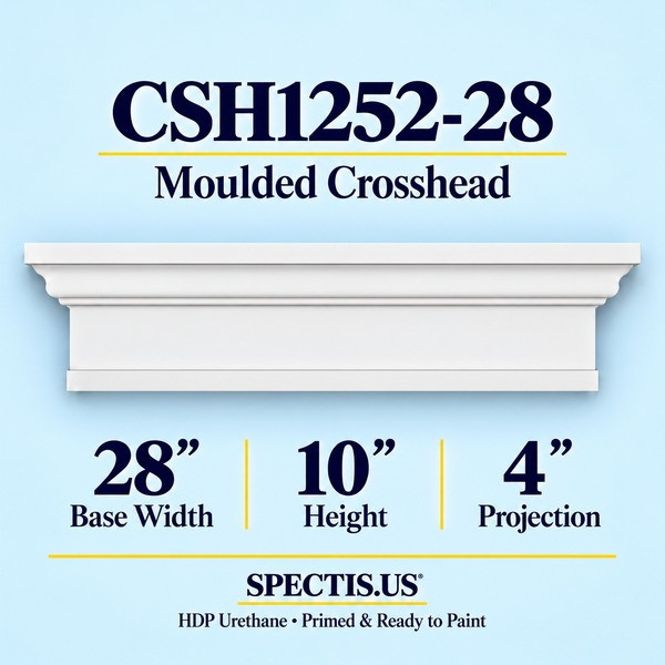 CSH1252-28 Moulded Window & Door Crosshead in primed HDP urethane, 28 inch base width × 10 inch height × 4 inch projection